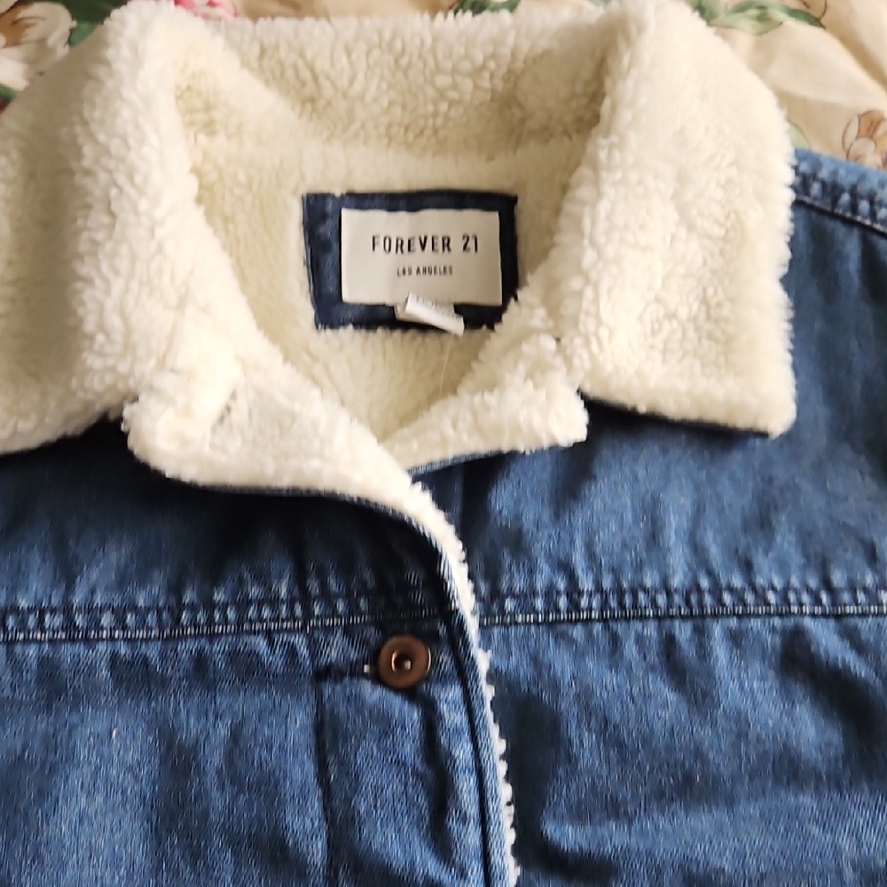 Forever 21 Blue Jean Jacket with White Sherpa Collar